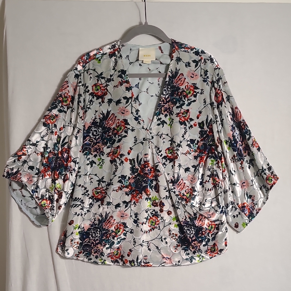 Maeve For Anthropologie Umi Grey Floral Silk Blend Kimono Blouse Size Large